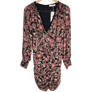 MNG Mango Women's Floral Long Sleeve Mini Dress Ruched Bodycon V Neck‎